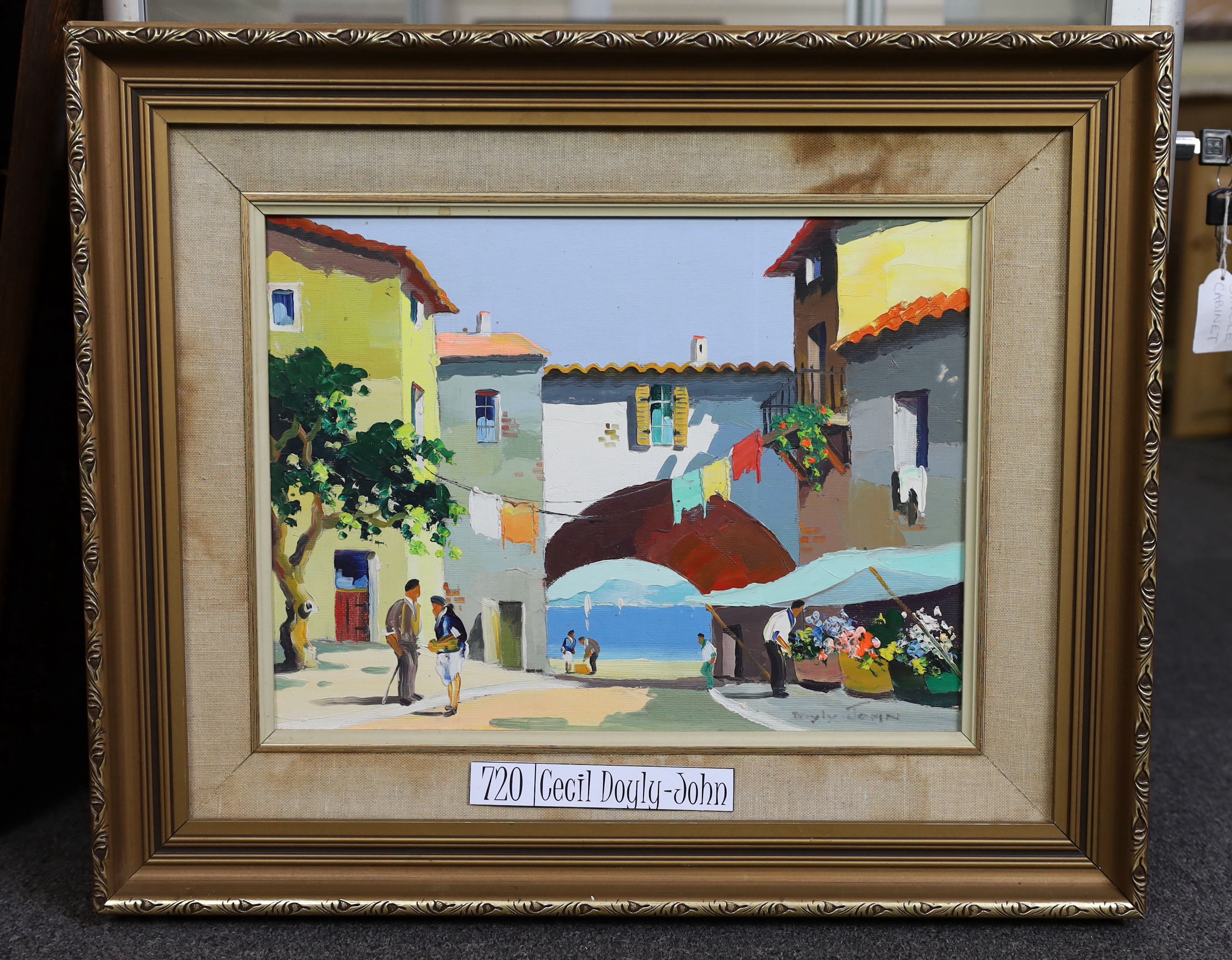 Cecil Rochfort D'Oyly John (English, 1906-1993), 'Mediterranean flower market', oil on board, 29 x 39cm